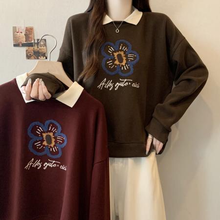 新款大码女装胖MM秋冬设计感假两件花朵印花百搭卫衣 服裝批發女裝批發服飾貨源