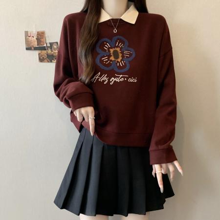 新款大码女装胖MM秋冬设计感假两件花朵印花百搭卫衣 服裝批發女裝批發服飾貨源