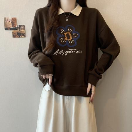 新款大码女装胖MM秋冬设计感假两件花朵印花百搭卫衣 服裝批發女裝批發服飾貨源