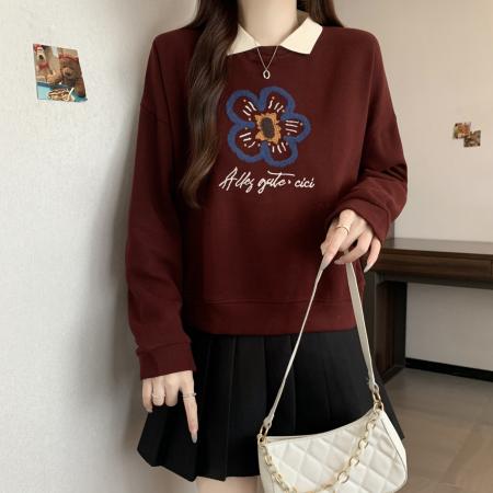 新款大码女装胖MM秋冬设计感假两件花朵印花百搭卫衣 服裝批發女裝批發服飾貨源