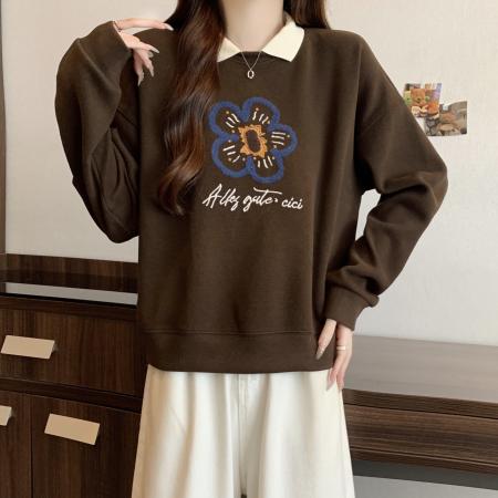 新款大码女装胖MM秋冬设计感假两件花朵印花百搭卫衣 服裝批發女裝批發服飾貨源