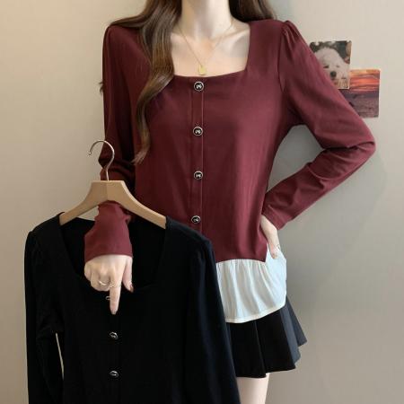 新款大码胖MM时尚设计感拼接假两件显瘦遮肚百搭上衣 服裝批發女裝批發服飾貨源