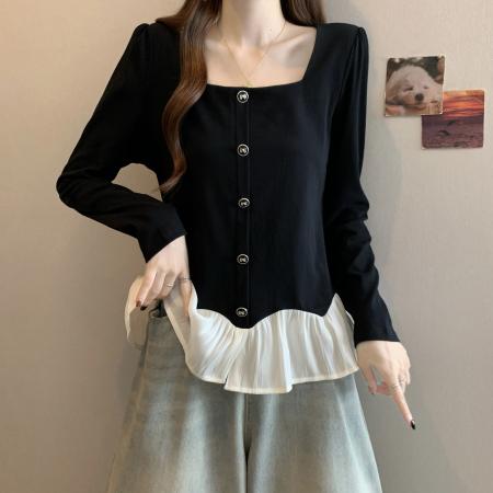 新款大码胖MM时尚设计感拼接假两件显瘦遮肚百搭上衣 服裝批發女裝批發服飾貨源