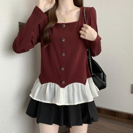 新款大码胖MM时尚设计感拼接假两件显瘦遮肚百搭上衣 服裝批發女裝批發服飾貨源