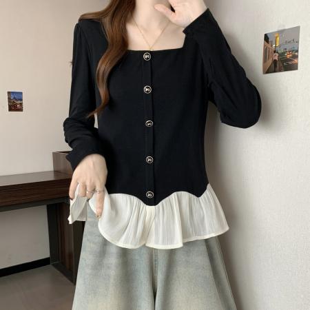 新款大码胖MM时尚设计感拼接假两件显瘦遮肚百搭上衣 服裝批發女裝批發服飾貨源