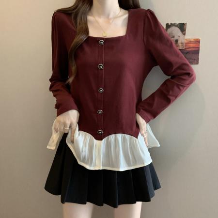 新款大码胖MM时尚设计感拼接假两件显瘦遮肚百搭上衣 服裝批發女裝批發服飾貨源