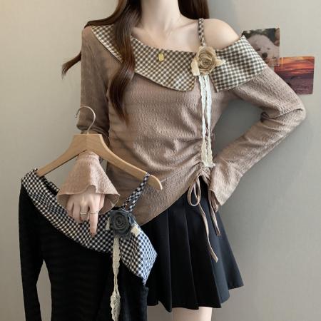 新款大码女子胖MM设计感不规则抽绳拼接斜肩百搭上衣 服裝批發女裝批發服飾貨源