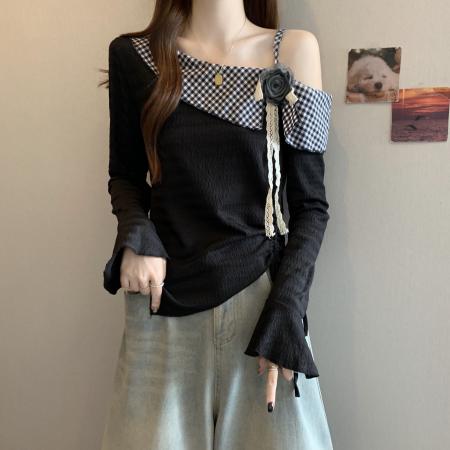 新款大码女子胖MM设计感不规则抽绳拼接斜肩百搭上衣 服裝批發女裝批發服飾貨源