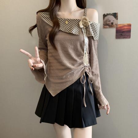 新款大码女子胖MM设计感不规则抽绳拼接斜肩百搭上衣 服裝批發女裝批發服飾貨源