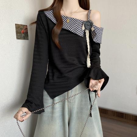 新款大码女子胖MM设计感不规则抽绳拼接斜肩百搭上衣 服裝批發女裝批發服飾貨源