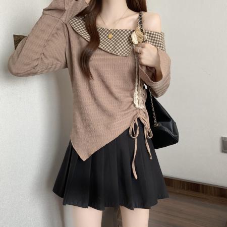 新款大码女子胖MM设计感不规则抽绳拼接斜肩百搭上衣 服裝批發女裝批發服飾貨源