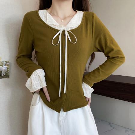 大码长袖加厚保暖假两件绑带T恤女装时尚显瘦百搭减龄打底衫 服裝批發女裝批發服飾貨源