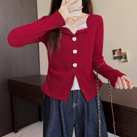 大码长袖加厚保暖假两件绑带T恤女装时尚显瘦百搭减龄打底衫 服裝批發女裝批發服飾貨源