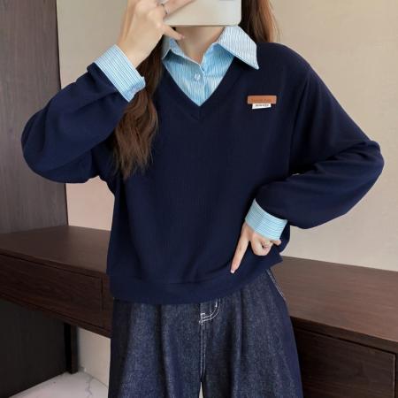 大码长袖加厚保暖假两件绑带T恤女装时尚显瘦百搭减龄打底衫 服裝批發女裝批發服飾貨源