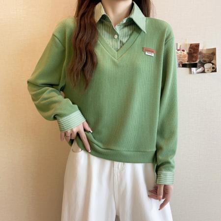 大码长袖加厚保暖假两件绑带T恤女装时尚显瘦百搭减龄打底衫 服裝批發女裝批發服飾貨源