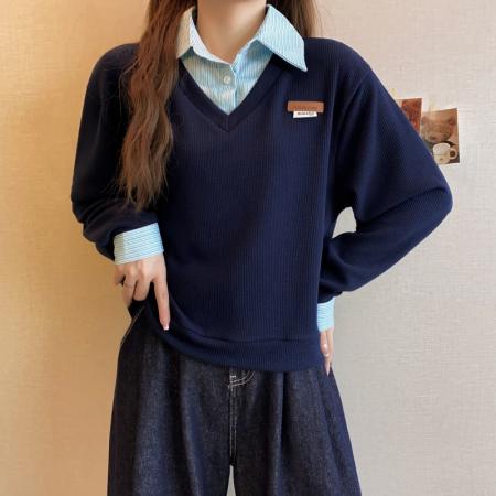 大码长袖加厚保暖假两件绑带T恤女装时尚显瘦百搭减龄打底衫 服裝批發女裝批發服飾貨源