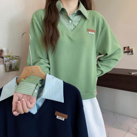 大码长袖加厚保暖假两件绑带T恤女装时尚显瘦百搭减龄打底衫 服裝批發女裝批發服飾貨源