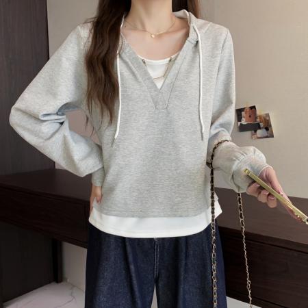 大码长袖加厚保暖假两件绑带卫衣女时尚显瘦百搭减龄小众上衣 服裝批發女裝批發服飾貨源