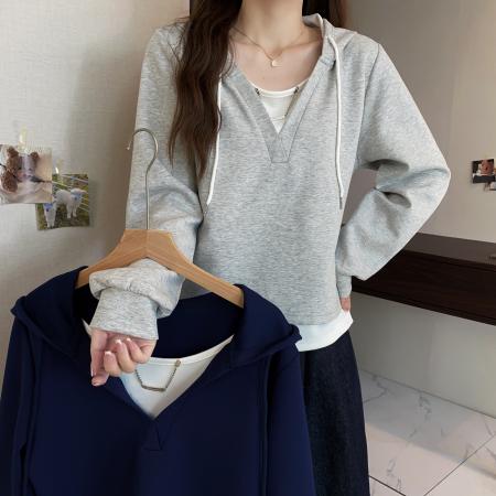 大码长袖加厚保暖假两件绑带卫衣女时尚显瘦百搭减龄小众上衣 服裝批發女裝批發服飾貨源