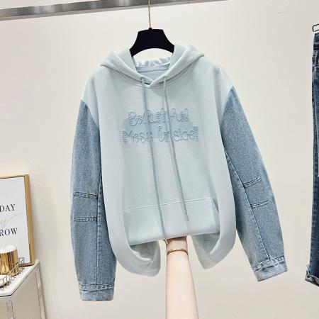 FA48869# 秋季新款女装卫衣牛仔袖连帽甜美拼接长袖少女上衣 服裝批發女裝批發服飾貨源