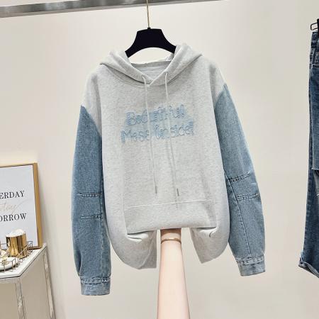 FA48869# 秋季新款女装卫衣牛仔袖连帽甜美拼接长袖少女上衣 服裝批發女裝批發服飾貨源