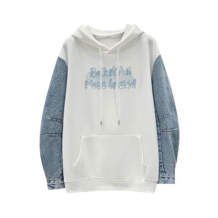 FA48869# 秋季新款女装卫衣牛仔袖连帽甜美拼接长袖少女上衣 服裝批發女裝批發服飾貨源