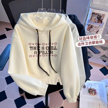 FA48872# 秋季新款女装卫衣字母连帽不规则开叉宽松套头上衣 服裝批發女裝批發服飾貨源