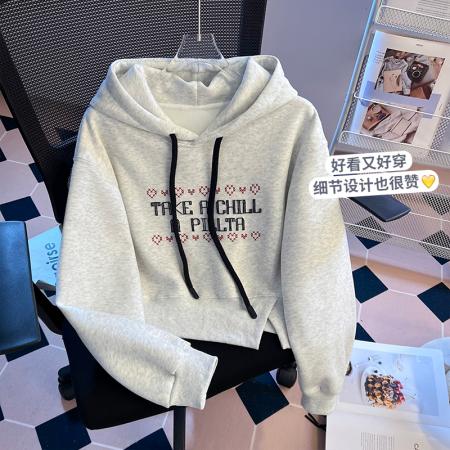 FA48872# 秋季新款女装卫衣字母连帽不规则开叉宽松套头上衣 服裝批發女裝批發服飾貨源