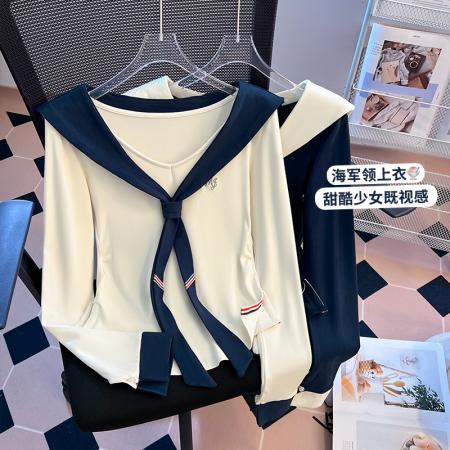 FA48874# 秋季新款女装T恤美式学院风海军领披肩设计感绝美上衣 服裝批發女裝批發服飾貨源