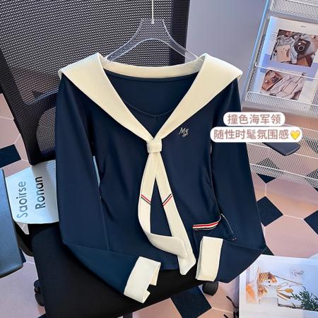 FA48874# 秋季新款女装T恤美式学院风海军领披肩设计感绝美上衣 服裝批發女裝批發服飾貨源