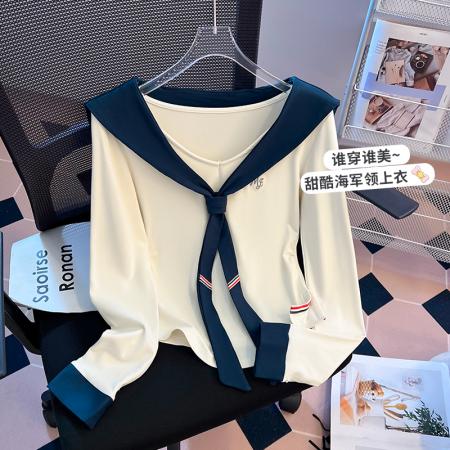 FA48874# 秋季新款女装T恤美式学院风海军领披肩设计感绝美上衣 服裝批發女裝批發服飾貨源