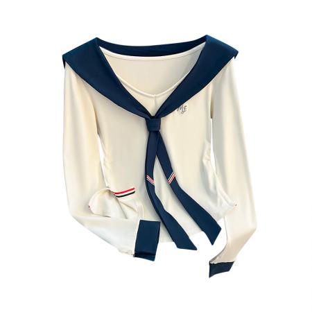 FA48874# 秋季新款女装T恤美式学院风海军领披肩设计感绝美上衣 服裝批發女裝批發服飾貨源