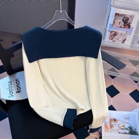 FA48874# 秋季新款女装T恤美式学院风海军领披肩设计感绝美上衣 服裝批發女裝批發服飾貨源