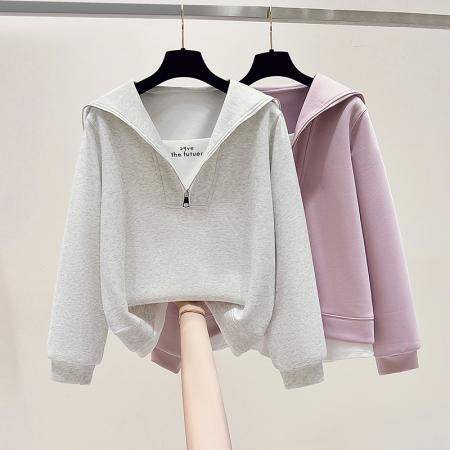 FA48876# 秋季新款女装卫衣假两件海军领百搭显瘦洋气半拉链上衣 服裝批發女裝批發服飾貨源