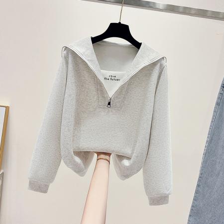 FA48876# 秋季新款女装卫衣假两件海军领百搭显瘦洋气半拉链上衣 服裝批發女裝批發服飾貨源