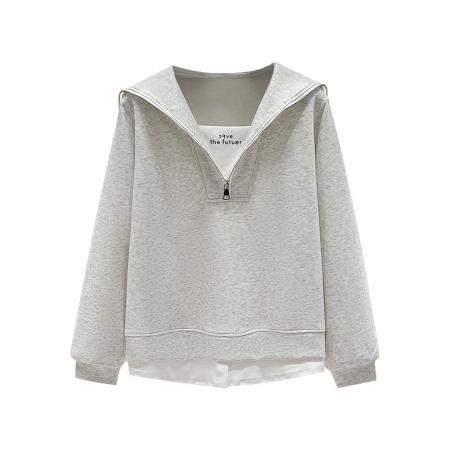 FA48876# 秋季新款女装卫衣假两件海军领百搭显瘦洋气半拉链上衣 服裝批發女裝批發服飾貨源