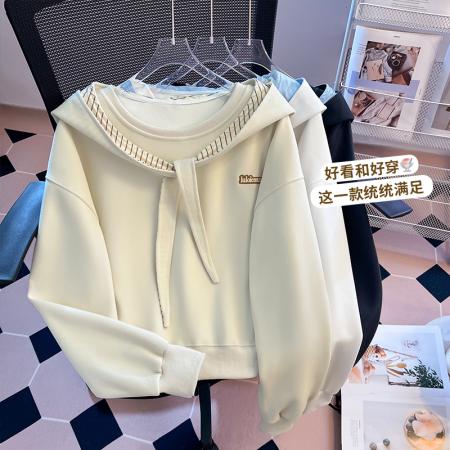 FA48877# 秋季新款女装卫衣连帽系带宽松慵懒风长袖休闲上衣外套 服裝批發女裝批發服飾貨源