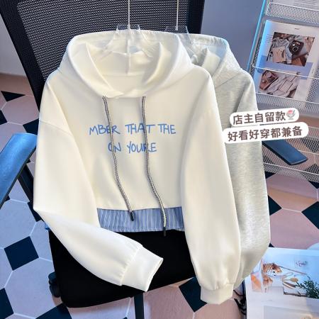 FA48878# 秋季新款女装卫衣假两件条纹拼接连帽韩版百搭宽松上衣 服裝批發女裝批發服飾貨源