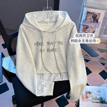 FA48878# 秋季新款女装卫衣假两件条纹拼接连帽韩版百搭宽松上衣 服裝批發女裝批發服飾貨源