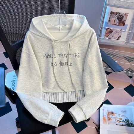 FA48878# 秋季新款女装卫衣假两件条纹拼接连帽韩版百搭宽松上衣 服裝批發女裝批發服飾貨源