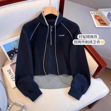 FA48879# 秋季新款女装卫衣别致立领半拉链假两件宽松休闲上衣 服裝批發女裝批發服飾貨源