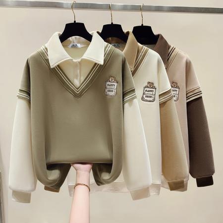 FA48882# 春季女装新款学院风polo领长袖卫衣假两件温柔风女 服裝批發女裝批發服飾貨源