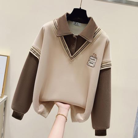 FA48882# 春季女装新款学院风polo领长袖卫衣假两件温柔风女 服裝批發女裝批發服飾貨源