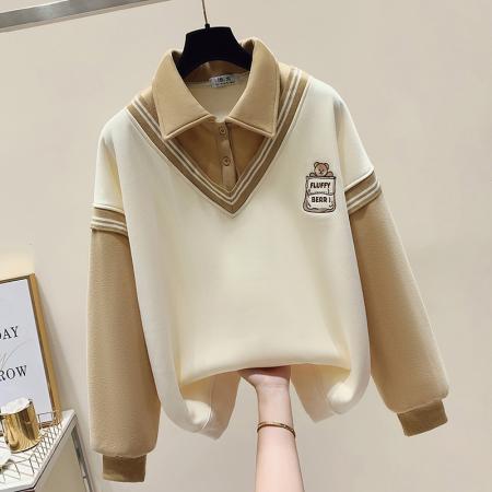 FA48882# 春季女装新款学院风polo领长袖卫衣假两件温柔风女 服裝批發女裝批發服飾貨源