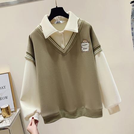 FA48882# 春季女装新款学院风polo领长袖卫衣假两件温柔风女 服裝批發女裝批發服飾貨源