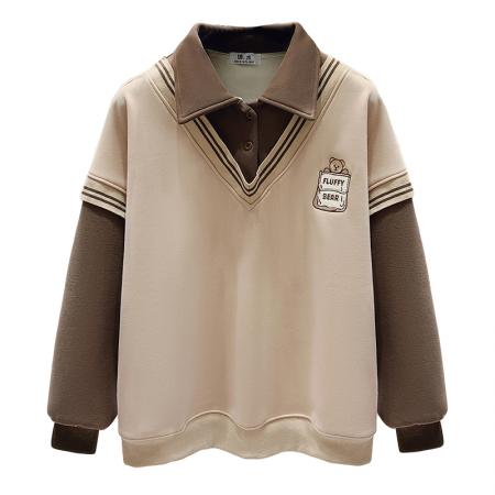 FA48882# 春季女装新款学院风polo领长袖卫衣假两件温柔风女 服裝批發女裝批發服飾貨源