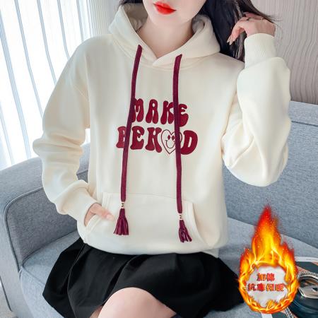 FA48883# 时尚宽松连帽卫加绒加厚卫衣女秋冬新款字母绣花长袖上衣外套 服裝批發女裝批發服飾貨源