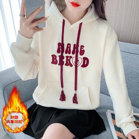 FA48883# 时尚宽松连帽卫加绒加厚卫衣女秋冬新款字母绣花长袖上衣外套 服裝批發女裝批發服飾貨源