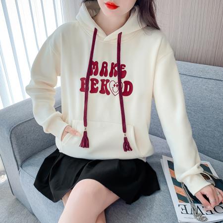 FA48883# 时尚宽松连帽卫加绒加厚卫衣女秋冬新款字母绣花长袖上衣外套 服裝批發女裝批發服飾貨源