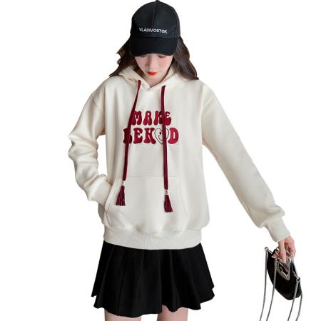 FA48883# 时尚宽松连帽卫加绒加厚卫衣女秋冬新款字母绣花长袖上衣外套 服裝批發女裝批發服飾貨源